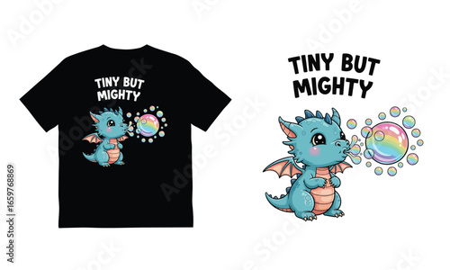 Cute baby dragon blowing rainbow bubbles with the text 