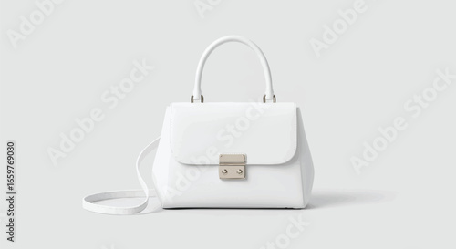 An elegant white top-handle handbag with a silver clasp and shoulder strap, isolated against a light gray studio background.