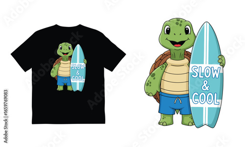 Smiling turtle holding a surfboard with the text 