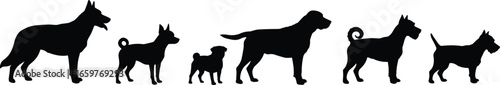 Collection of black dog silhouettes of various breeds and sizes on white background dogs canine