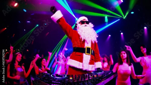 Santa dj energizes festive nightclub crowd with vibrant lights and music