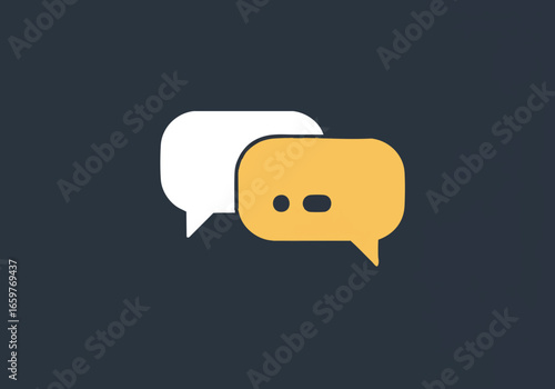 Two minimalist speech bubbles, one white and one yellow, symbolizing communication and dialogue on a dark background.