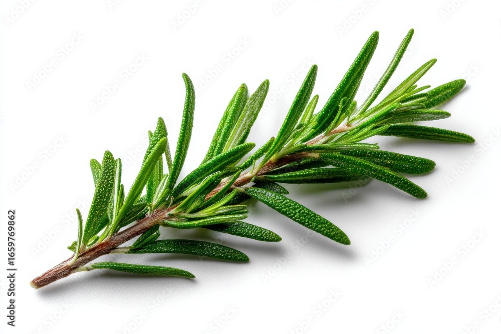 Fototapeta premium A sprig of fresh green rosemary herb with needle like leaves isolated on a clean white background surface