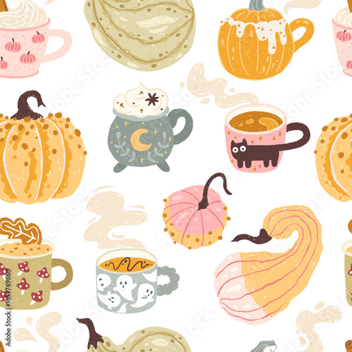 Autumn seamless pattern with various cozy hot drinks in cute cups and pumpkins. Hand-drawn vector illustrations in cartoon trendy textured pastel style. Halloween theme.
