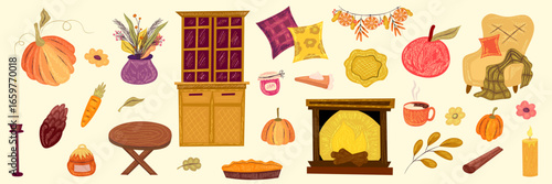 Сottagecore autumn clipart with chalk texture. Cozy autumn design for thanksgiving season with pie, pumpkin and fireplace
