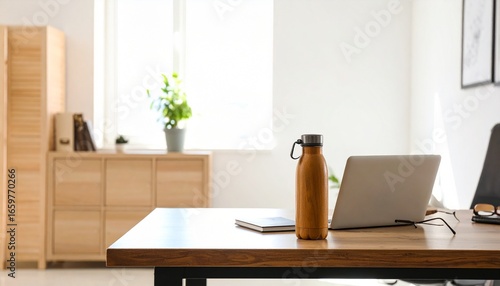 Wallpaper Mural Modern minimalist home office workspace with laptop, water bottle, and natural light. Torontodigital.ca