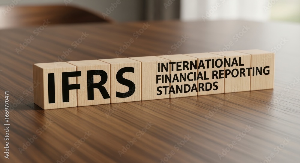 Fototapeta premium IFRS Acronym on Wooden Blocks - International Financial Reporting Standards Concept on a Wooden Desk.