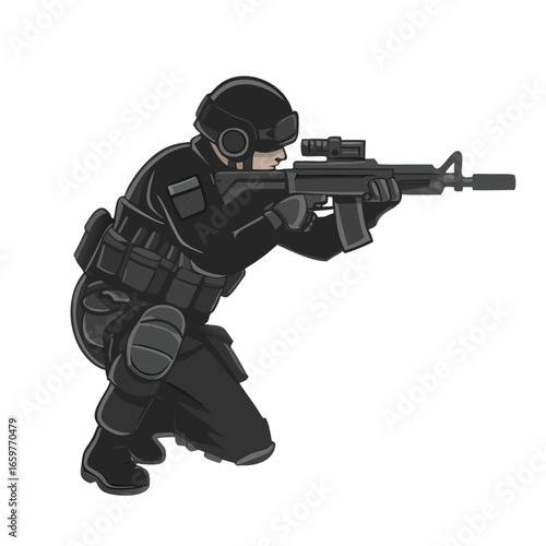 Soldier aiming rifle tactical gear helmet vector