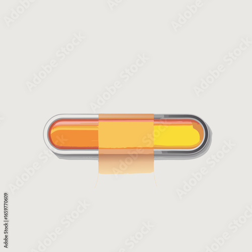 Artistic illustration of a twotone orange and yellow capsule with a torn paper label.