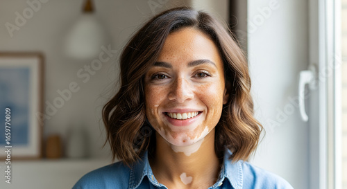 Smiling woman with vitiligo and freckles in a bright indoor setting Free Download Smiling woman with vitiligo and freckles in a bright indoor setting - GFXLoad