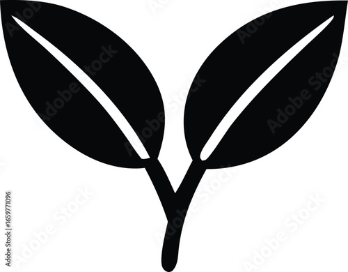 Simple black silhouette of a young plant sprout with two leaves emerging upwards representing growth and new beginnings