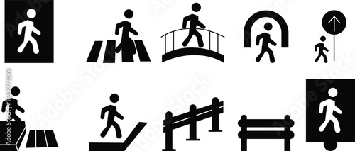 Walking icon set ,vector of human movement fitness and activity vector bundle, pedestrian and exercise icons for health, lifestyle, navigation, and outdoor concepts, nature walk, relax zone template