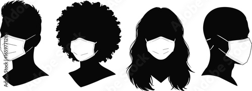 Four diverse head silhouettes wearing medical face masks on white medical mask protection
