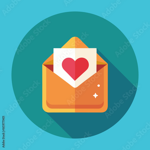 A flat vector icon of a love letter with a heart on a blue background