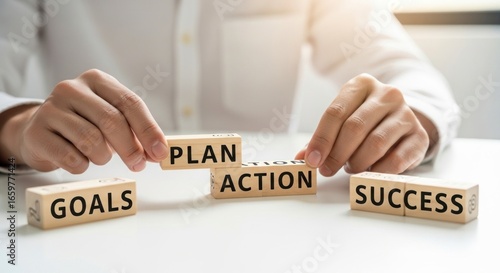 Hands Strategically Placing the Action Block to Bridge the Gap Between Plan and Success.
