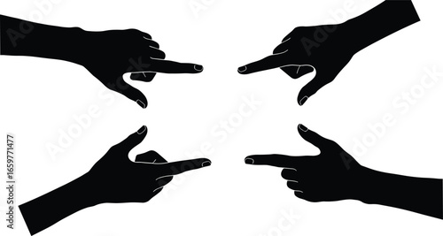 Four black silhouettes of hands pointing fingers towards each other on white background gesture direction