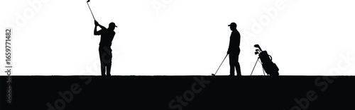 Golfers silhouetted on a golf course with a golf bag sport