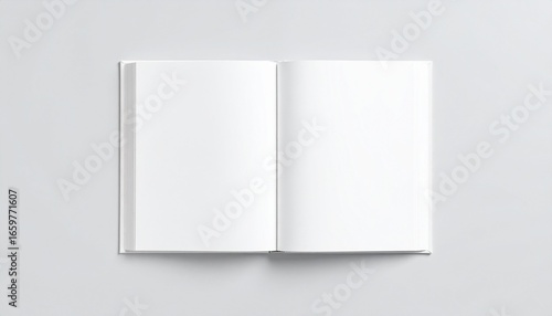 Open book with blank white pages  laying flat on a light gray surface  ready for content.