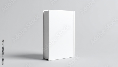 A blank  white  hardcover book stands upright on a neutral surface  casting a soft shadow.