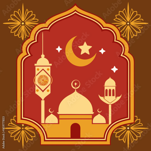 Ramadan kareem greeting card with mosque, moon, star and lantern illustration