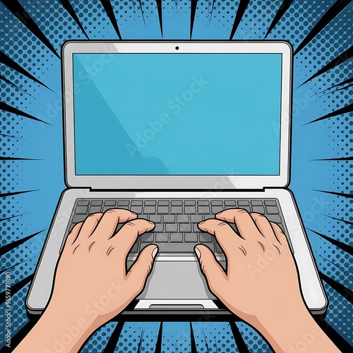Hands Typing on Laptop Keyboard with Blank Screen Mockup for Content Creation and Digital Marketing Graphic