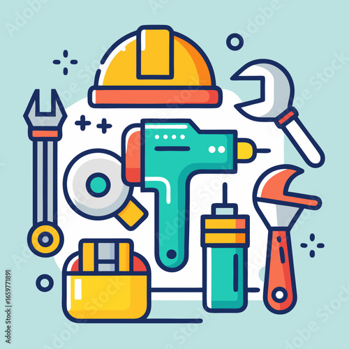 Construction tools and equipment for repair work on light blue background
