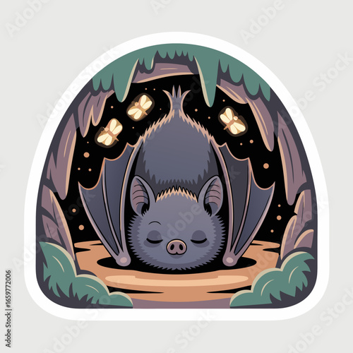 Charming cartoon bat sleeping upside down in a dark cave surrounded by glowing moths.