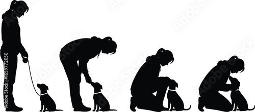 Sequence of silhouettes showing a person training a puppy on a white background vector illustration