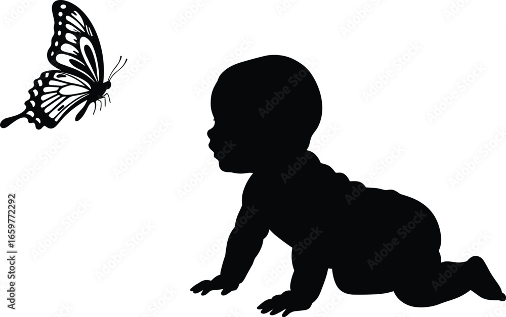 Fototapeta premium Silhouette of a baby crawling towards a butterfly on a white background infant child