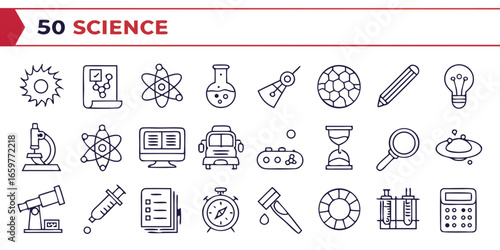 Collection of science and education icons in a modern outline style