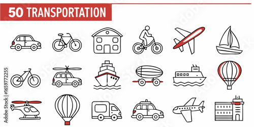 Collection of transportation icons featuring vehicles and buildings