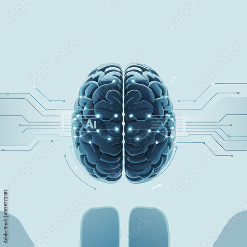 Digital human brain illustration in blue tones with glowing circuit board connections.