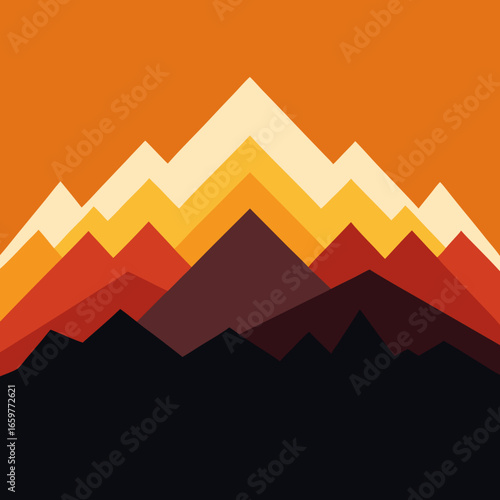 Abstract geometric mountain range illustration with orange sky background