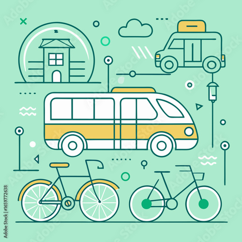 Line art illustration of city transport with bicycle, van and building