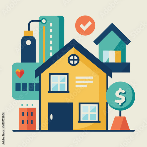House with financial and health icons for real estate and insurance concept