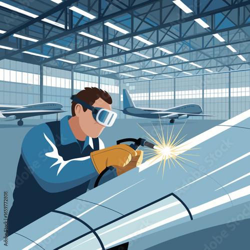 Focused Welder Repairing Aircraft Component.