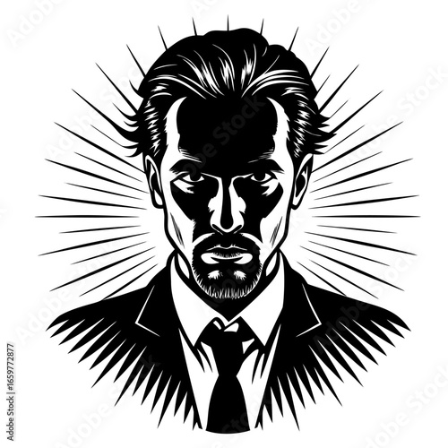 Noir style black and white portrait of stern man in suit with radiating aura of authority