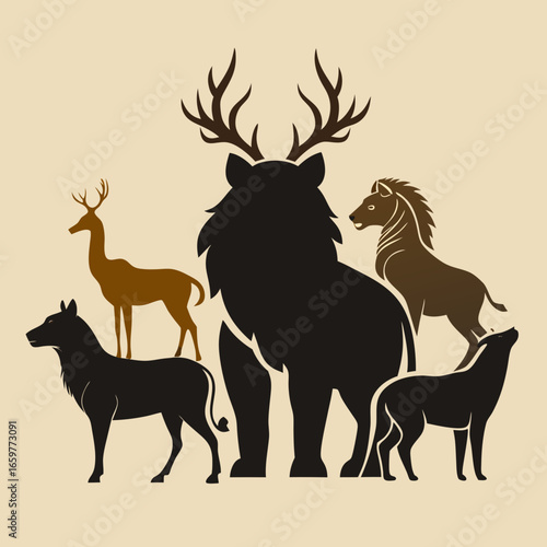 Silhouette illustration of various animals including deer, lion, horse and dog