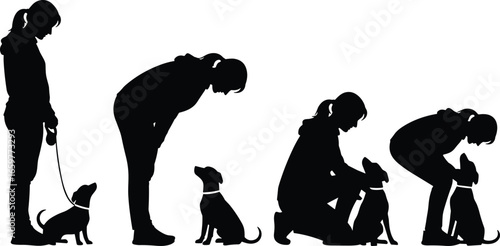 Silhouette of woman training a small dog through different poses on white background dog training