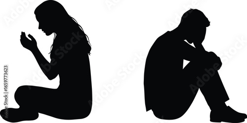 Silhouettes of a Woman and Man Sitting Separately on White Background people