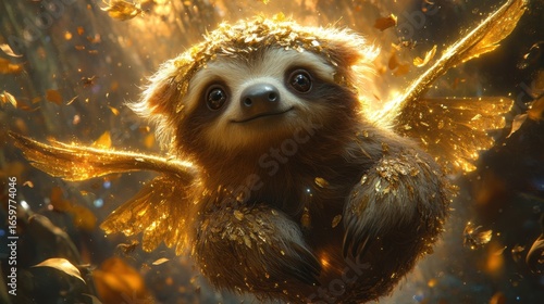 magical sloth with shimmering golden fur and tiny wing for digital wallpaper, background