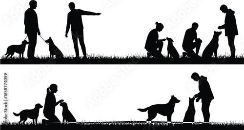 Silhouettes of people and dogs in various training poses on white background with grass obedience