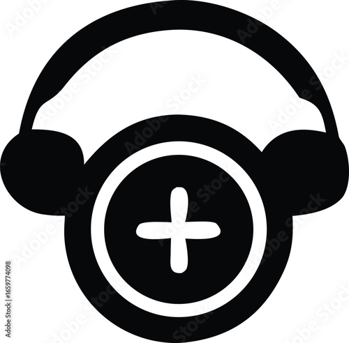 Icon of headphones with a plus sign in the center representing audio add or new music listening features