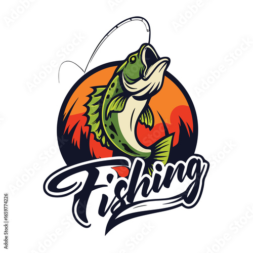 Green fish leaping from water with fishing rod and text vector