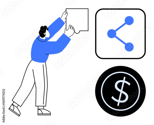 Person aligning puzzle piece with icons for sharing and finance, symbolizing collaboration, networking, growth, and successful outcomes. Ideal for teamwork, innovation, communication, finance