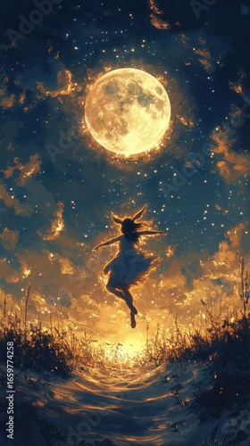Human rabbit jumping under the full moon.wallpaper for mobile phone.