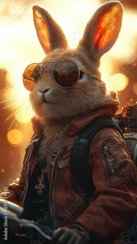stylish rabbit wearing sunglasses and a leather jacket.wallpaper for mobile phone.