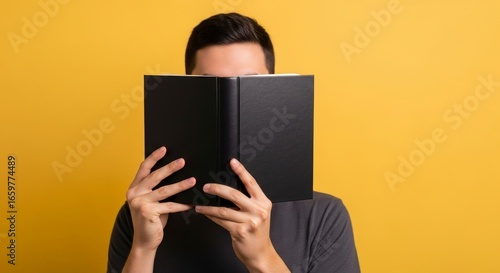Anonymous Reader Hiding Behind a Blank Black Book on a Vibrant Yellow Background.