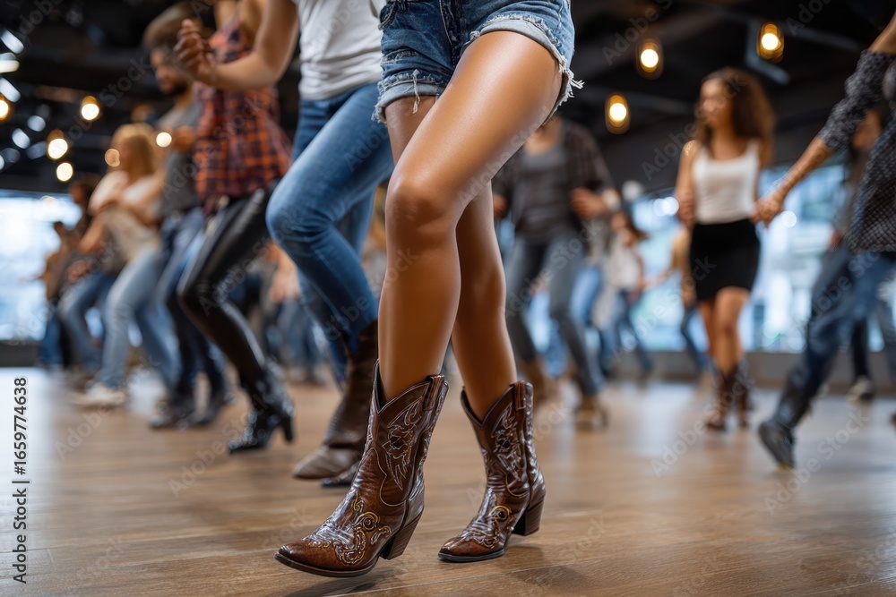 Fototapeta premium Line dancers showcase their skills in a lively dance studio during a fun evening event