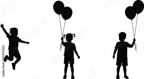 Three children silhouettes one jumping and two holding balloons Keywords: children, kids, silhouette